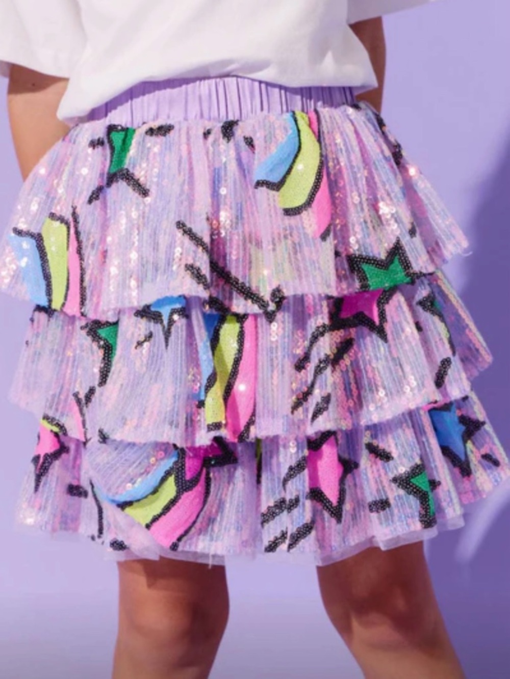 Lola + The Boys Lavender Sequin Tiered Skirt with Neon Star & Banana Motifs